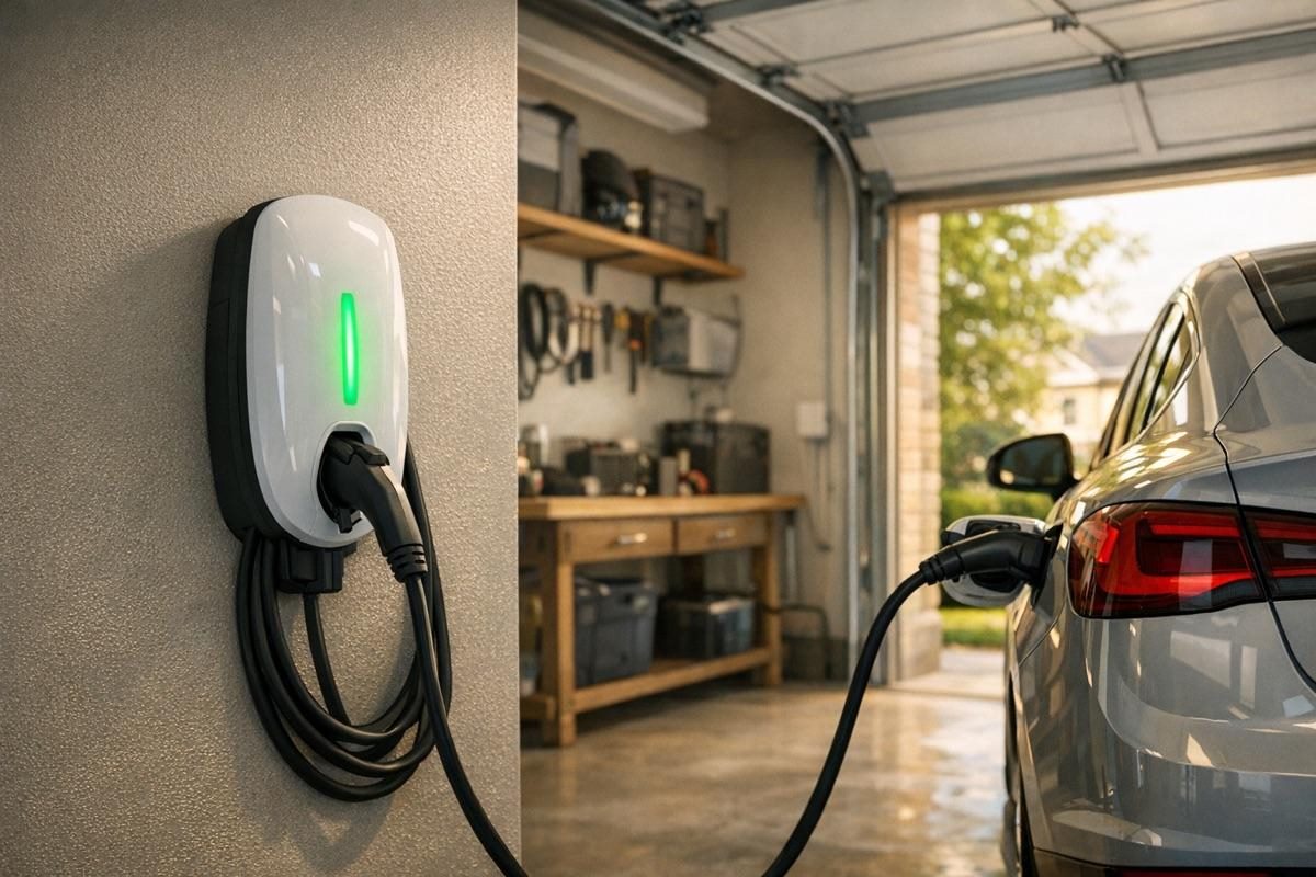 Wallbox di ricarica in garage collegata a un’auto elettrica
