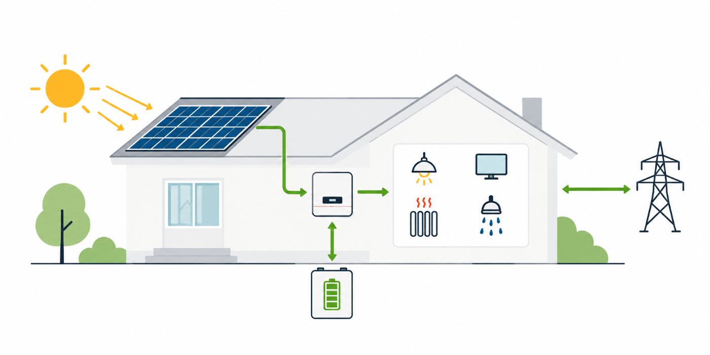 Schema di un impianto fotovoltaico: sole, pannelli, inverter, accumulo, consumi della casa e rete elettrica