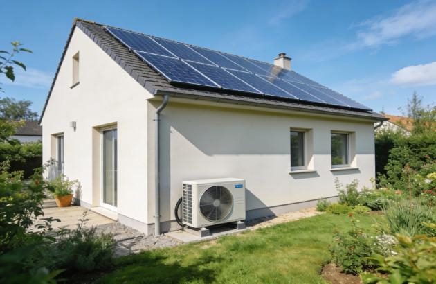 Casa con pompa di calore esterna e pannelli fotovoltaici