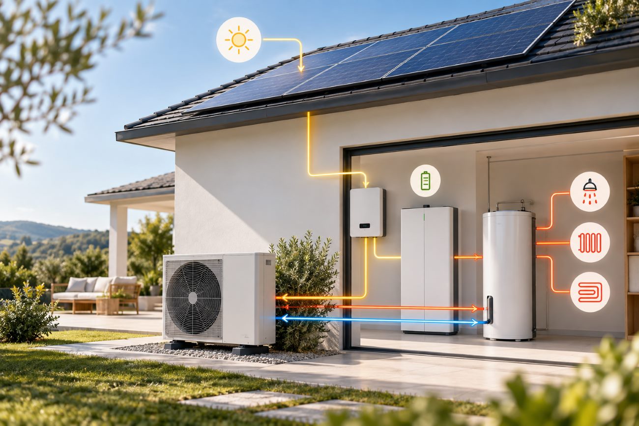 Schema di casa con fotovoltaico, accumulo e pompa di calore integrati