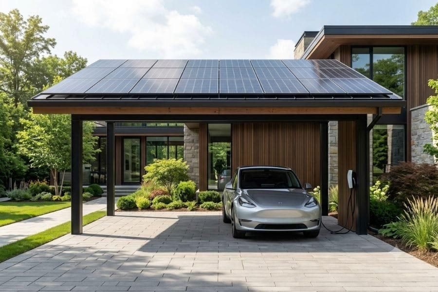 Pensilina fotovoltaica (solar carport) con auto parcheggiata