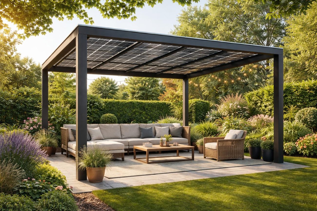Pergola fotovoltaica in giardino con zona relax
